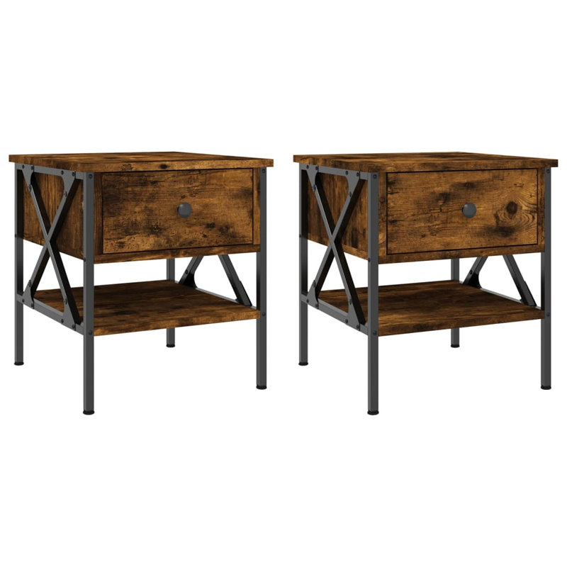 Tahnaout 40cm W Iron Bedside Table, Smoked Oak, Set of 2
