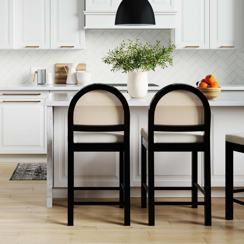 Upholstered Rattan Bar Stool Set Of 2, Counter Height Stool With Natural Rattan Woven Back For Kitchen Island