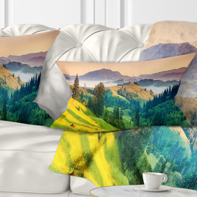 Brightly Green and Blue Mountains - Landscape Printed Throw Pillow