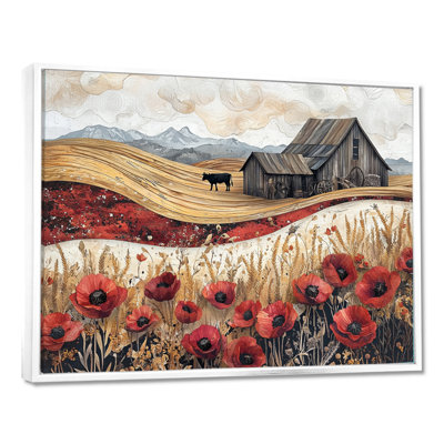 Les coquelicots de campagne et la vache et la grange III - coquelicots, art mural pour le salon