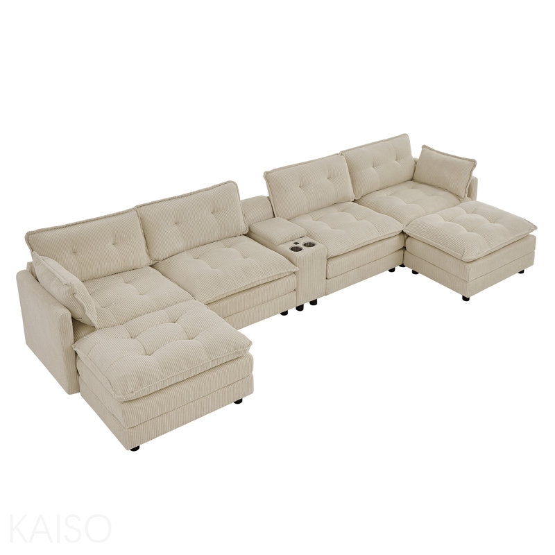 Canapé modulaire de 154 po avec repose-pieds en nuage avec repose-pieds modulaires en U de 154 po, canapé modulaire surdimensionné moderne en velours côtelé 6 places avec console centrale Port USB, beige