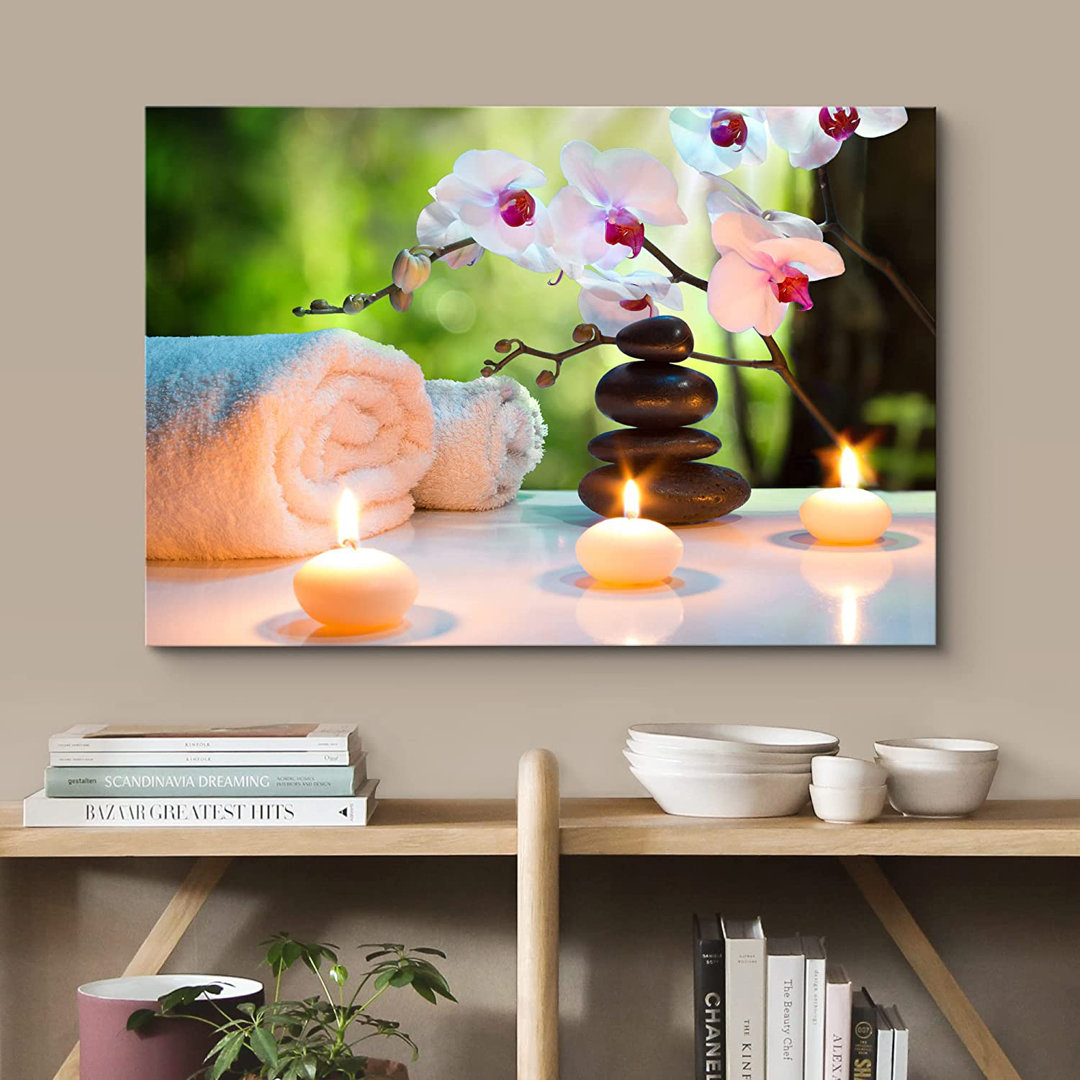 Zen Stones Spa Romantic Candles and Blooming Orchids With a Towel - Wrapped Canvas Photograph Print IDEA4WALL 