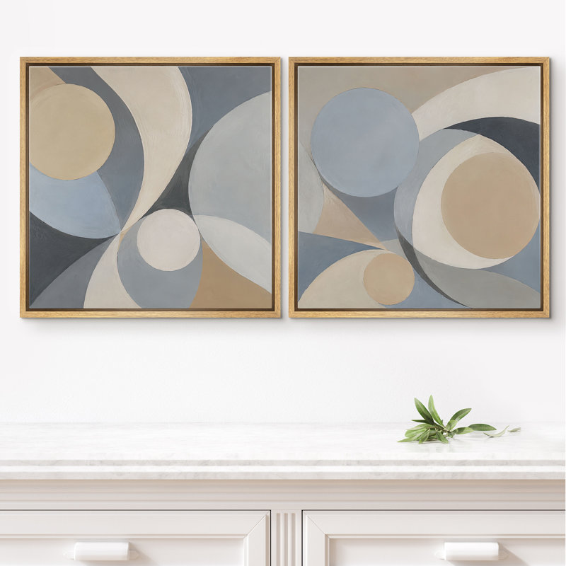 Bleu, gris et beige, cercle géométrique abstrait, décor moderne, toile encadrée, art mural, ensemble de 2 pièces