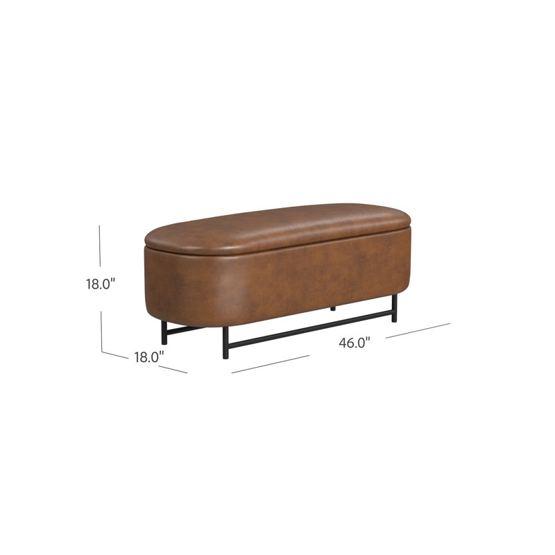 Brown Faux Leather Ellipse Storage Bench with Metal Legs