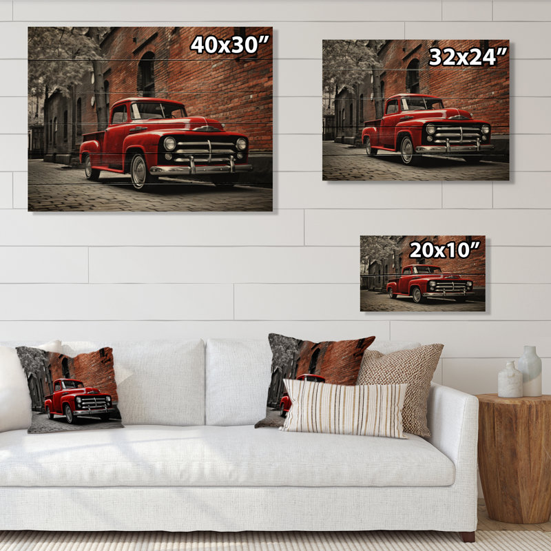 Camionnette rouge rétro Hauler II sur impression sur bois, H 10 po x l 20 po x P 0,78 po