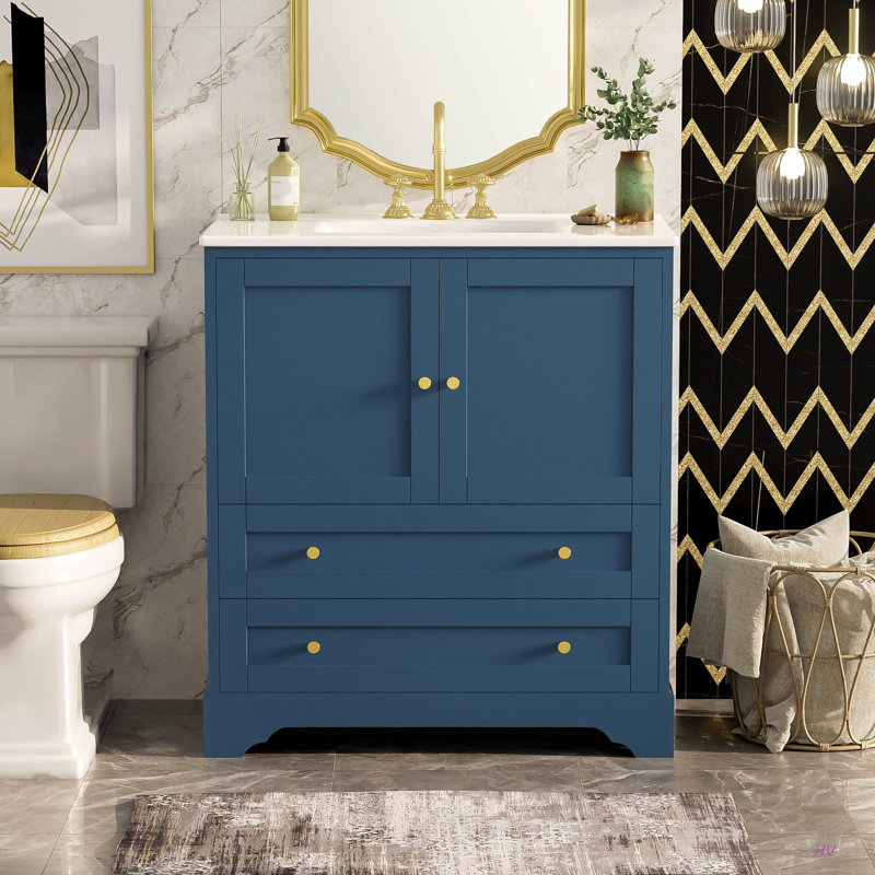 Meuble-lavabo 30 po avec lavabo en céramique, armoire de rangement autoportante moderne avec poignées, portes à fermeture douce
