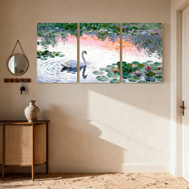 Oiseaux, cygne, nénuphar, étang, réflexion, art sur toile, ensemble de 3 impressions sur toile, H 24 po x l 48 po