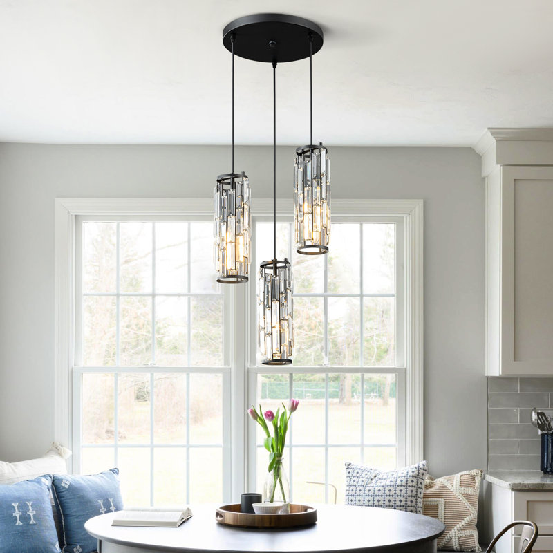 Luminaire suspendu cylindrique à 3 lumières à intensité variable avec accents de cristal, Noir, Trois lumières