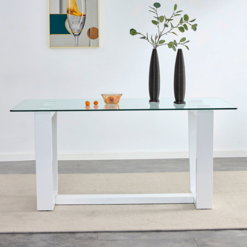Rectangular Glass Top Dining Table, White