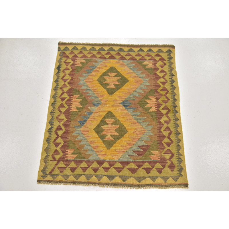 Tapis de zone en laine brun/vert 3 pi 2 po x 3 pi en laine noué la à la main one-of-kind Lorain