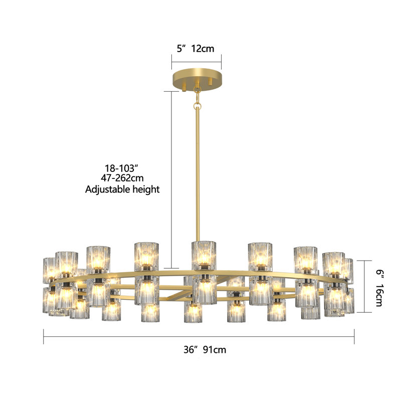 Wagon Wheel Chandelier with Crystal Shade, Gold, 36 Lights, 103.1" H x 35.8" W x 35.8" D