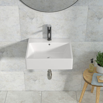 20"Lx16"W White Ceramic Rectangular Wall-Mounted Bathroom Sink With Right Angle