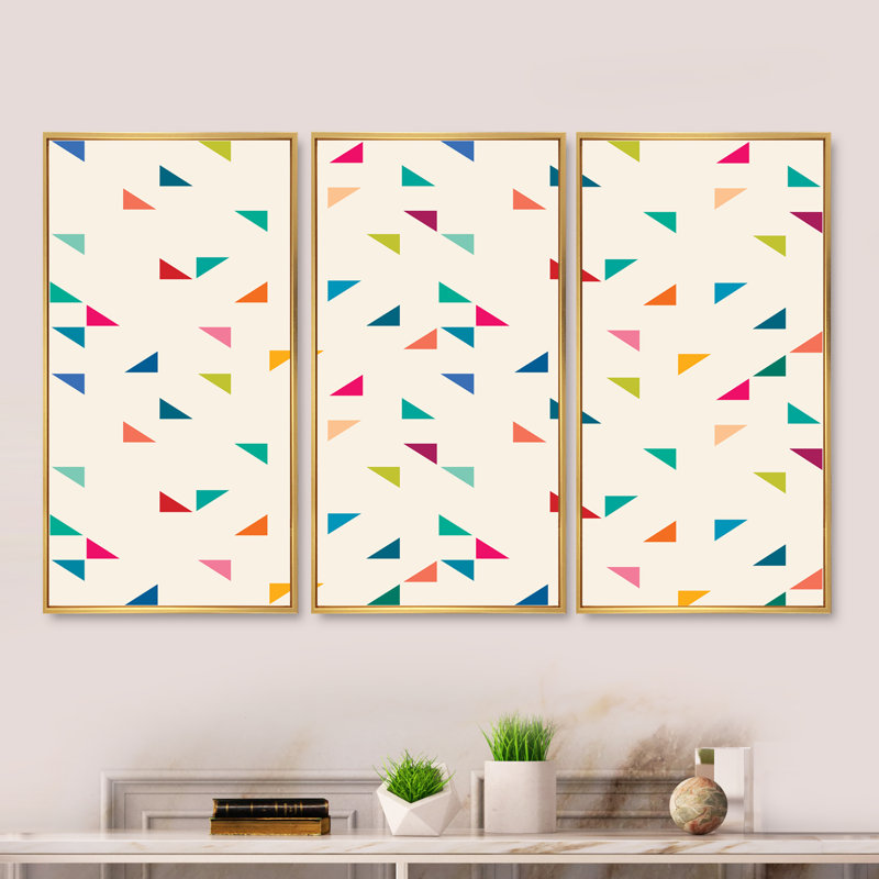 «Abstract Triangular Retro Pattern I», reproduction de cadre photo sur toile 3 pièces, H 28 po x l 36 po x P 1 po, Cadre doré