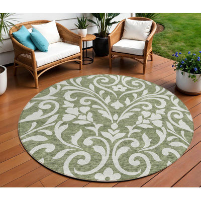 Tapis extérieur rond lavable floral vert ivoire et ivoire 8 pi