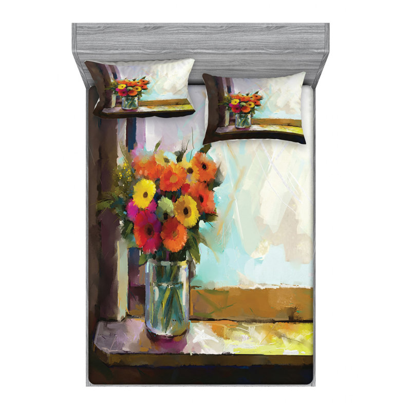 Microfiber Sheet Set, Queen Sheet Set + Fitted Sheet + 2 Pillowcases, Gerber Daisy Microfiber