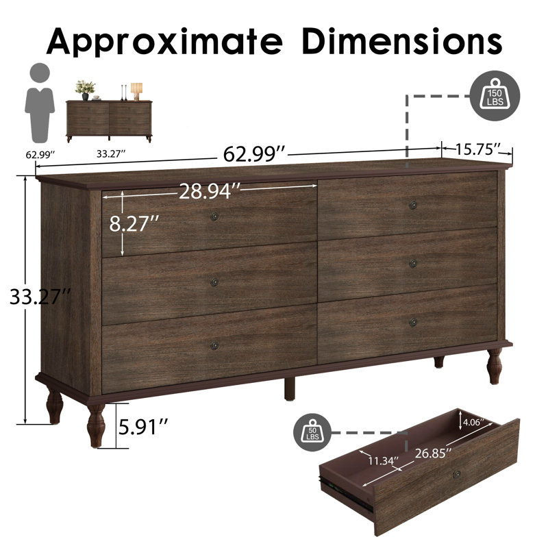 Commode double 6 tiroirs en bois, Brun foncé