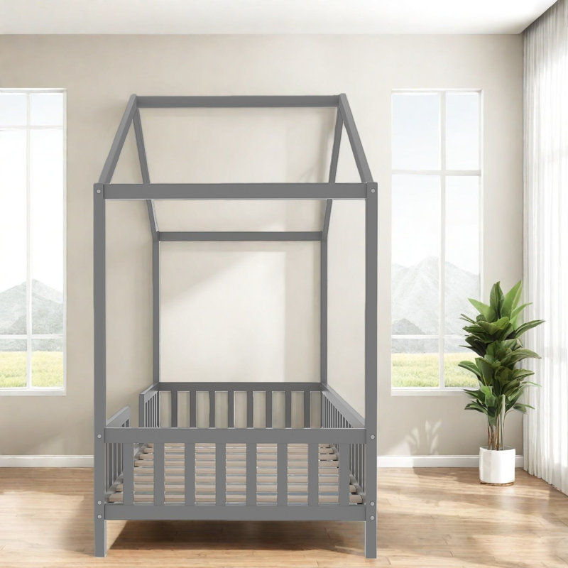Lits robustes en bois pour enfants, lit sur pied gris Montessori avec auvent, style maison moderne