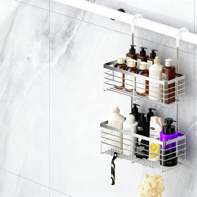 Hanging Shower Caddy  with Hooks, Bathroom Showers Organizer Basket, 2-Tier, (Sliver)
