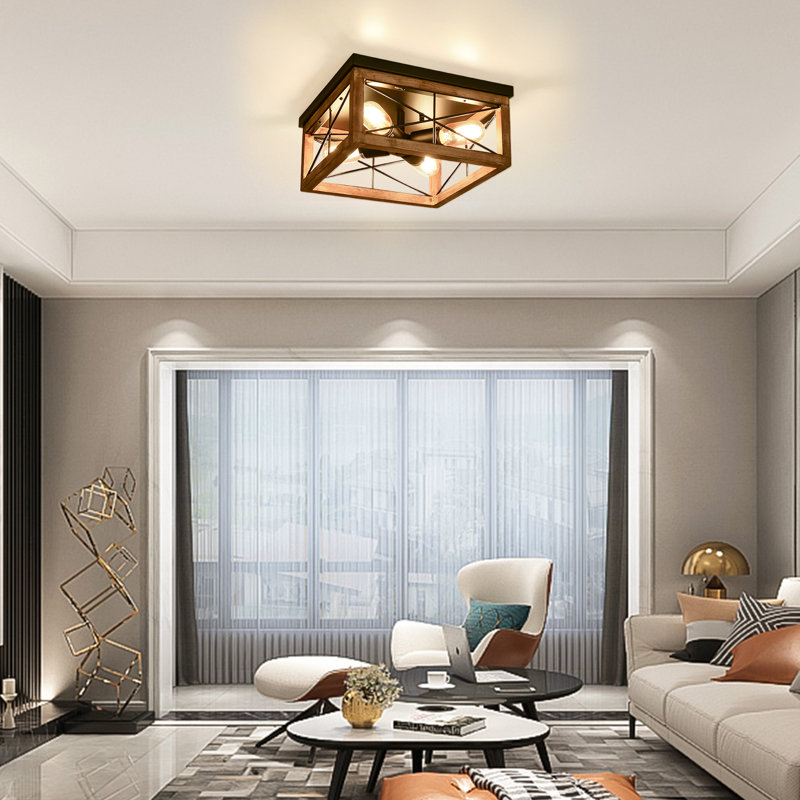 4-Light  Flush Mount Light With Iron & Wood