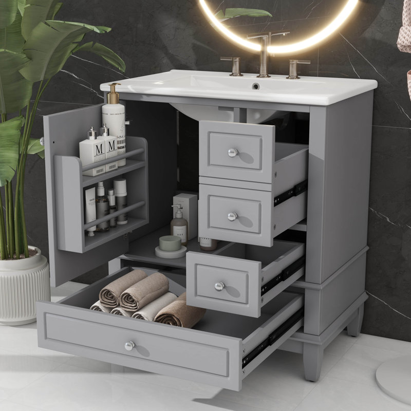 Meuble-lavabo pratique de 30 po avec lavabo - équipé d'une porte (avec tablette) et de trois tiroirs à fermeture en douceur