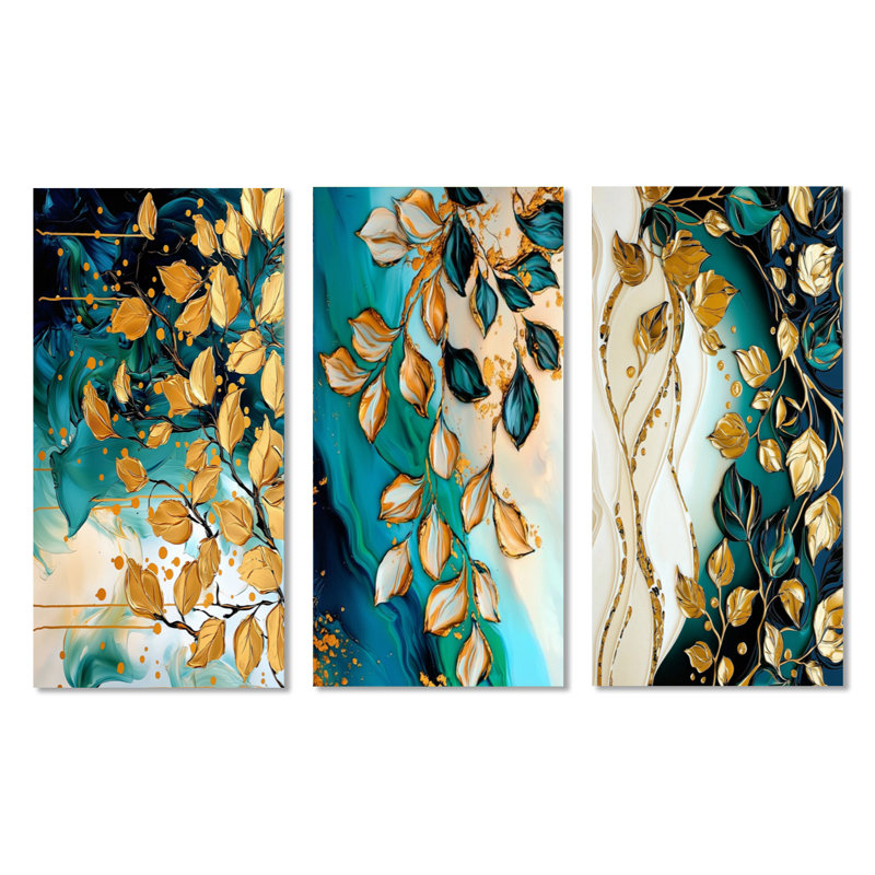 Emerald Embrace of Golden Leaves - Leaves, art mural 3 pièces, H 40 po x l 60 po, Toile tendue