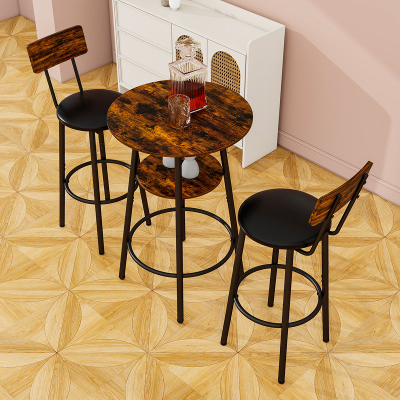 Round Bar Stool Set with Shelf, Rustic Brown/Black, Rustic Brown