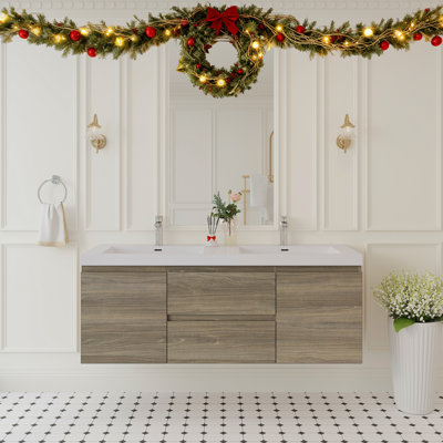 60" Floating Bathroom Vanity With Sink, Modern Wall-Mounted Bathroom Storage Vanity Cabinet With Solid Surface Top Basin, Two Sinks And Soft Close Drawers, Ash Grey GF-24V11-60DAG-W1573P152707