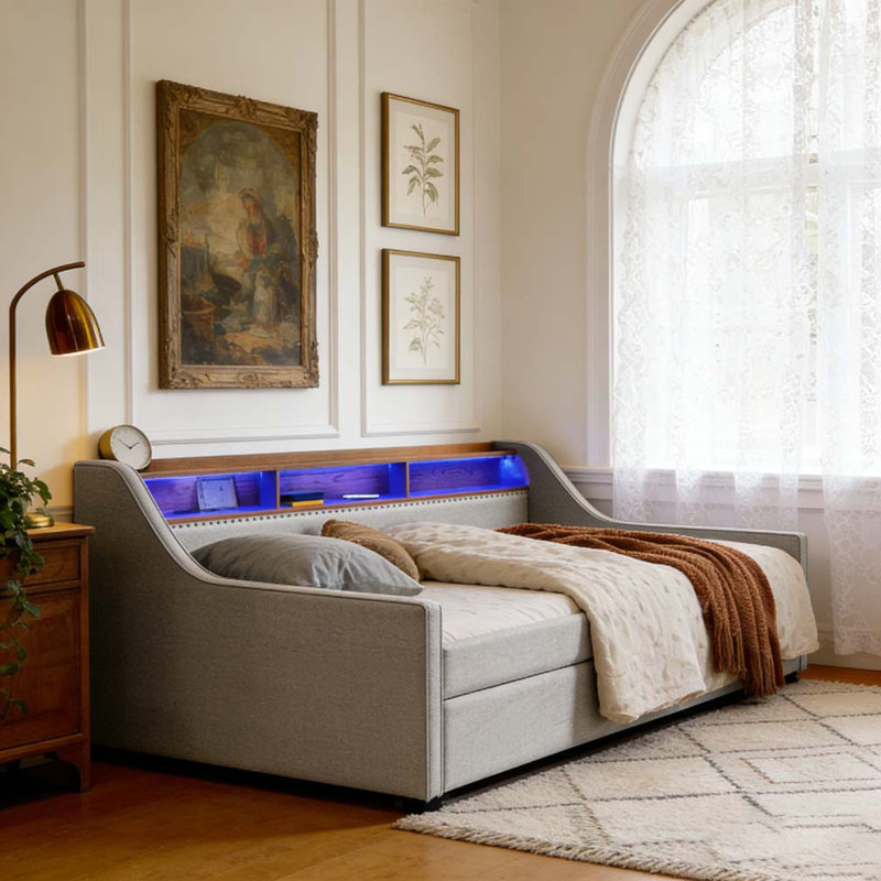 Canapé-lit simple rembourré avec trois lumières DEL, une tête de lit réglable avec rangement et deux tiroirs de rangement