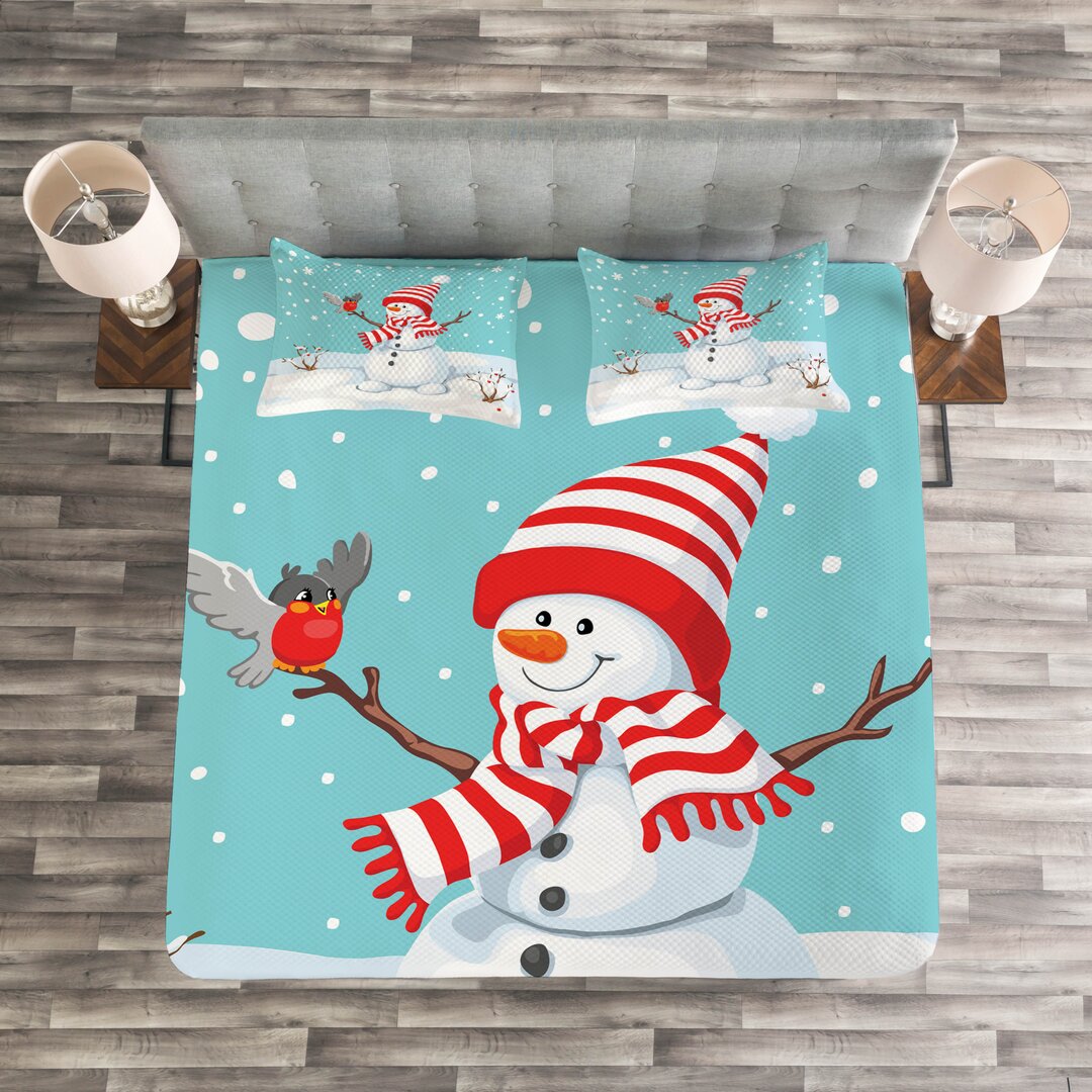 Gestepptes Bettdecken-Set, Happy Christmas Pattern, Schneemann, Mehrfarbig