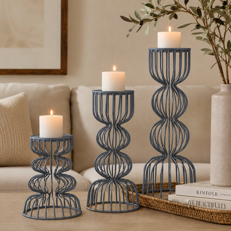 Handcrafted Lainon Metal Grey Tabletop Candlestick Set of 3, Gray