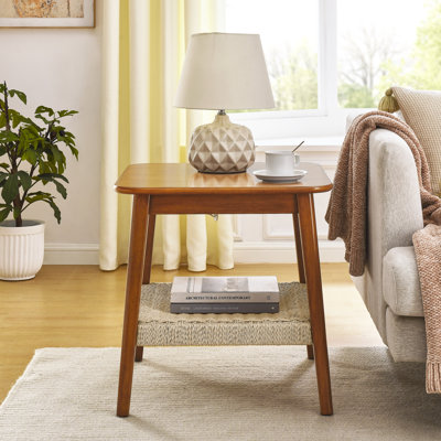 Table d'appoint Mid-Century Boho avec tablette tissée et tables de chevet avec rangement pour le salon ou le bureau
