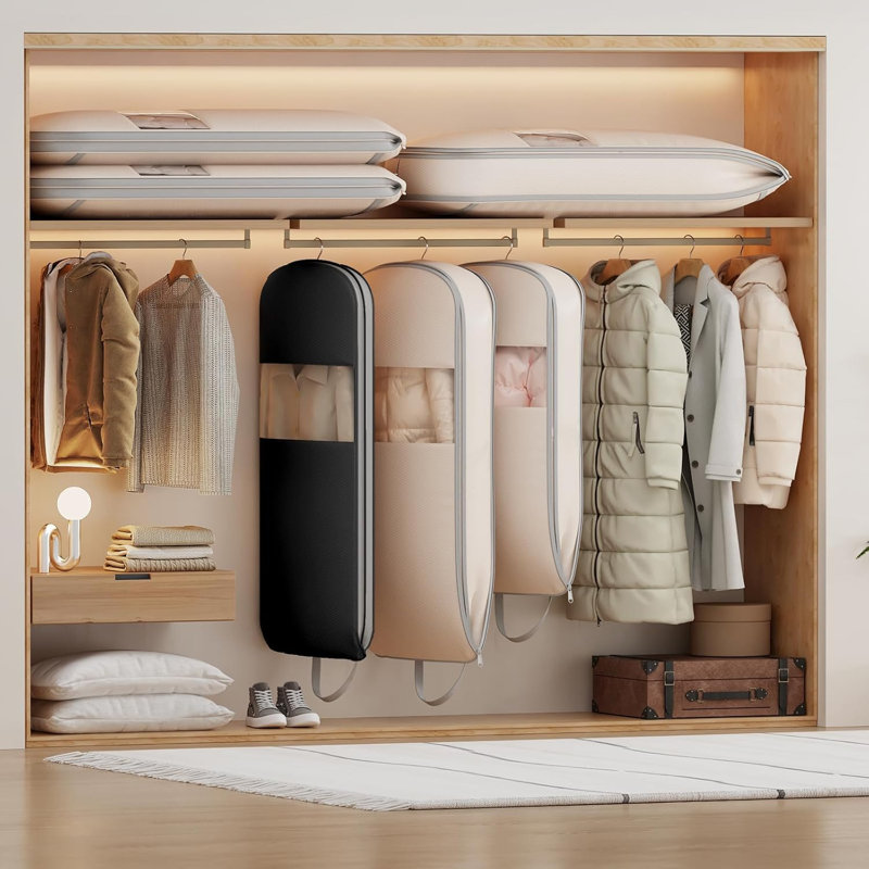 Ensemble de 2 housses à vêtements gain de place de 109 cm (43 pouces) pour suspendre les vêtements, avec fermeture éclair de compression, poignées de transport et fenêtre.