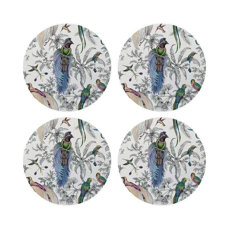 Audubon Exotica Green Persimmon Vegan Leather Round Coasters, Blue Green