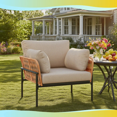 Chaise longue moderne en corde 36 po - Coussins imperméables beiges + structure en fer - Mobilier de patio intérieur / extérieur Boho Chic