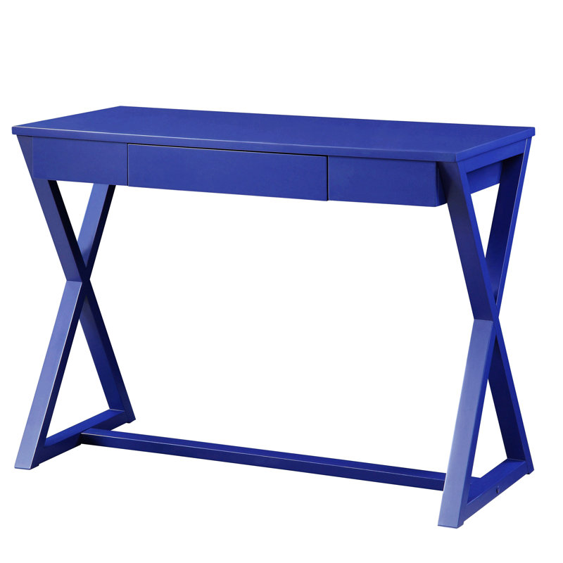 Bureau d'écriture à 1 tiroir avec base en forme de X, Bleu