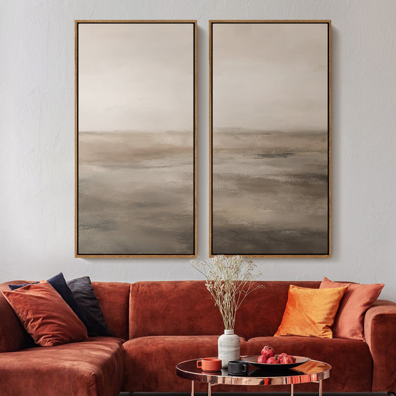 Calm Neutral Abstract Horizon - Set of 2 Framed Wall Art Print on Canvas 60"x30"x2pcs, Natural, 60" H x 30" W