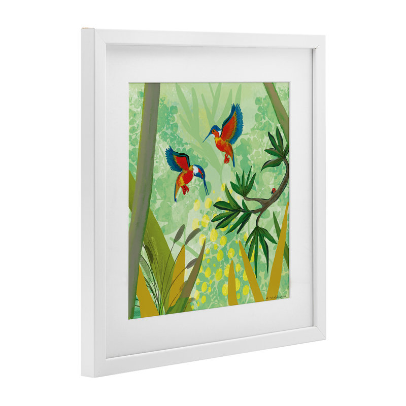 «Kingfishers in Jungle Branches», reproduction d'art sous verre encadrée par Kay Widdowson, H 16 po x l 16 po