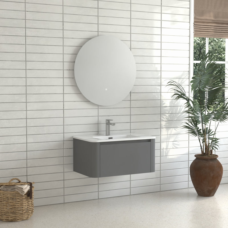 Meuble-lavabo flottant gris 30 po avec lavabo en céramique blanche, conception compacte et moderne