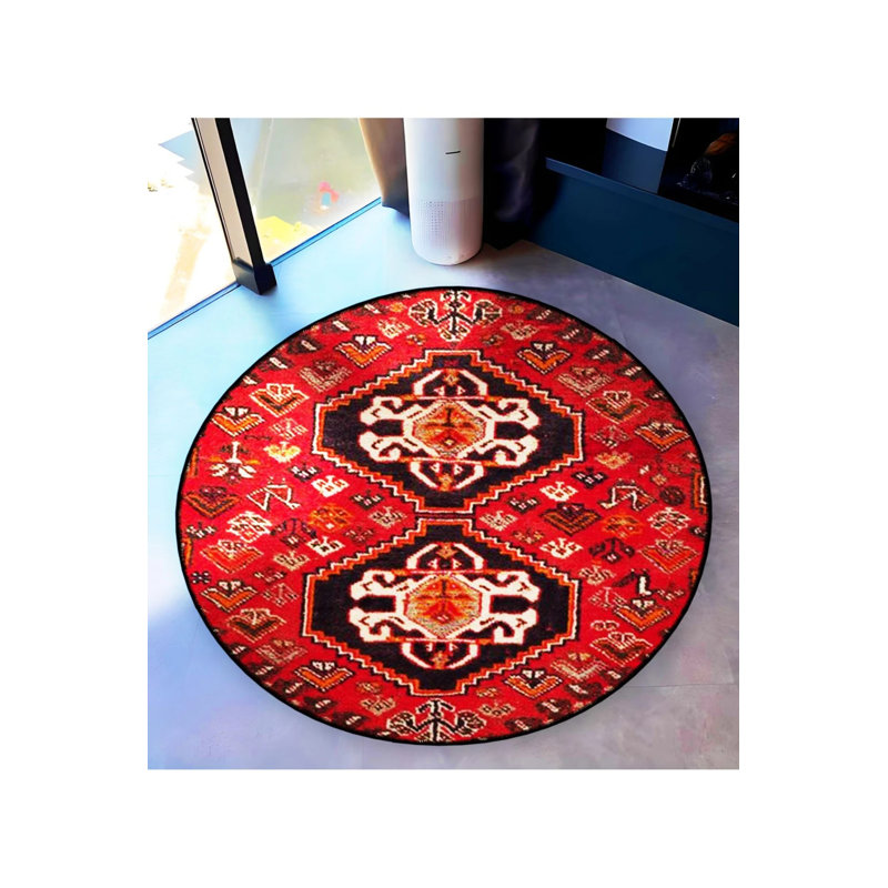 Red Theme Ethnic Motif Traditional Patterned Round Woven Base Vintage Decorative Carpet, Round 4'