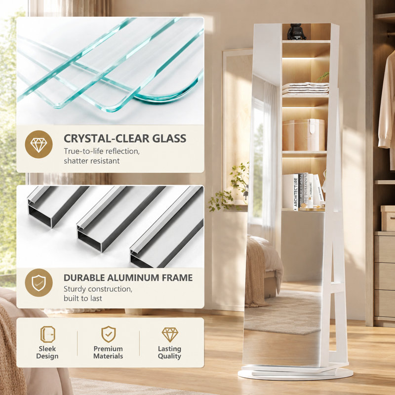 Standing Jewellery Cabinet with Sliding Full Length Mirror, White