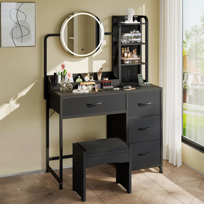 Bureau de coiffeuse avec miroir et lumières, table de maquillage avec station de charge