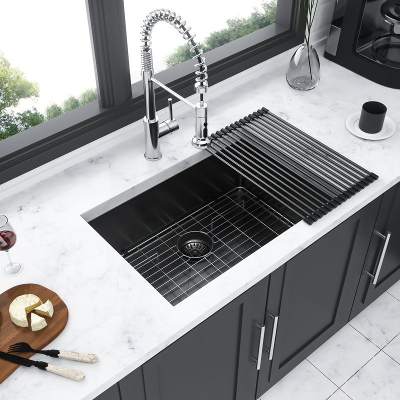 23"X18"X9" Gunmetal Black Kitchen Sink. Quality Stainless Steel. Nano Surface Easy To Wipe Clean. X-Shaped Water Guide. Soundproof Pad Included 23" Undermount Robust Coated Surface. Smooth Drainage.