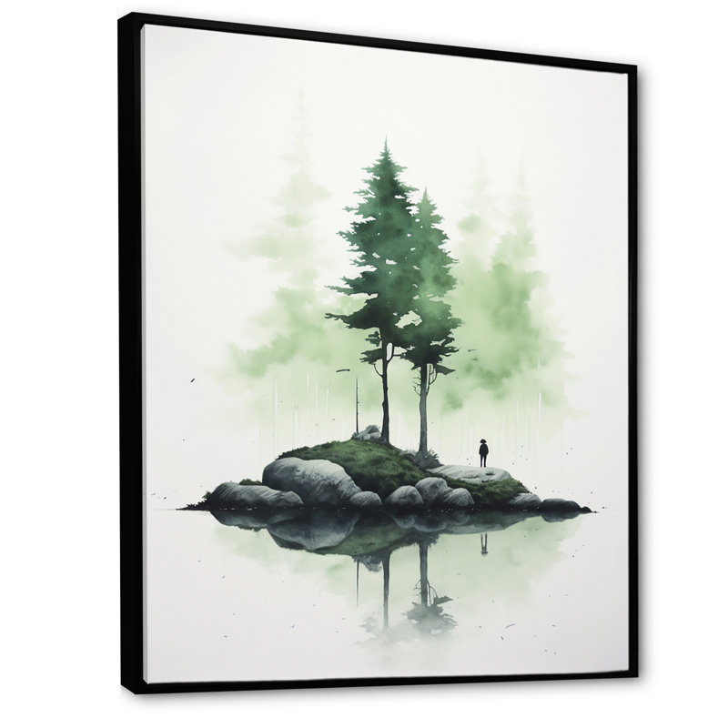 Pin, île, aquarelle minimale, vert tendre, H 20 po x l 12 po x P 1 po, Cadre flottant noir