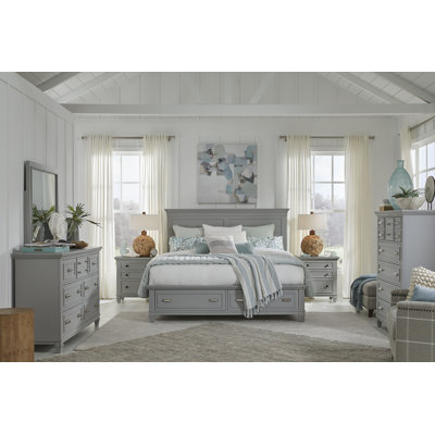 Grand lit de rangement gris Monti avec tables de chevet et commode avec tiroir