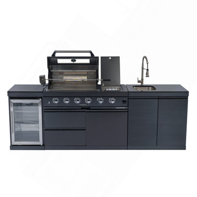 46" 4-Burner 72,000 BTU Deluxe Stainless Steel Outdoor Kitchen BBQ Island Grill with Wine Cooler, Rotisserie, Granite Countertop & Sink
