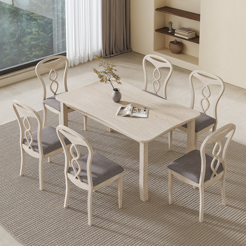 Ensemble de table de salle à manger en bois massif 7 pièces Bovill, table de cuisine et 6 chaises de cuisine pour 4 à 6 personnes, table de salle à manger avec cadre en bois d'hévéa pour la salle à manger