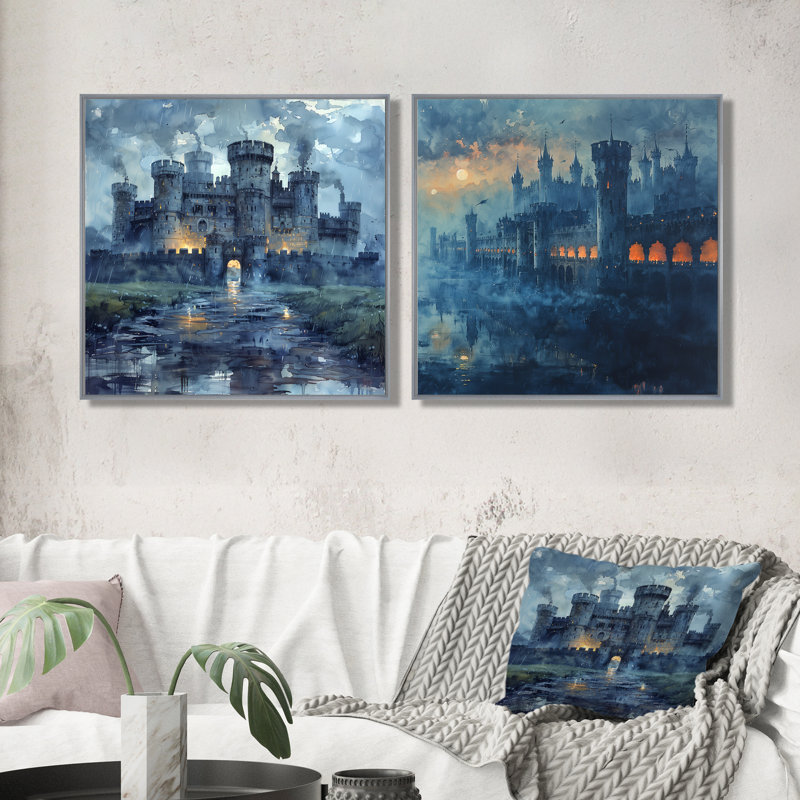 «Blue Middle Ages Castle At Night I» - Fortress Wall Decor - Art mural industriel 2 pièces, H 30 po x l 61 po, Argent argent