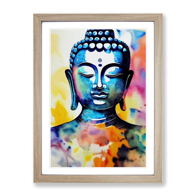 Buddha in Watercolour - Wall Art, 36cm H x 27cm W x 2cm D, Oak Framed, White