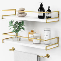 Brushed Gold Bathroom Shelf with Hooks Aluminum Rectangle Kitchen