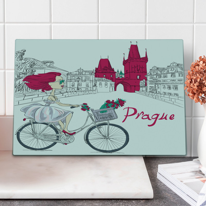 Planche à découper Ambesonne Prague, grande taille, fille sur un vélo, magenta, gris et blanc